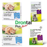 A product display featuring four boxes of Bayer Drontal pet deworming medication. Two boxes show an orange tabby cat, labeled 'Drontal Spot-on (for Cats)' containing 2 and 4 tablets for different weight ranges. The other two boxes show a small terrier dog, labeled 'Drontal Plus Tasty (for Dogs)' containing 2 and 6 bone-shaped tablets. A large green and red text logo in the center reads 'Drontal Plus flavour'